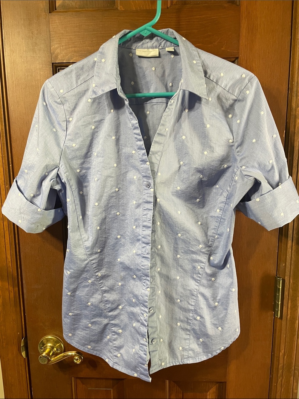 New York & Company Light Blue Button-Up with White Dot Embroidery. Fitted style